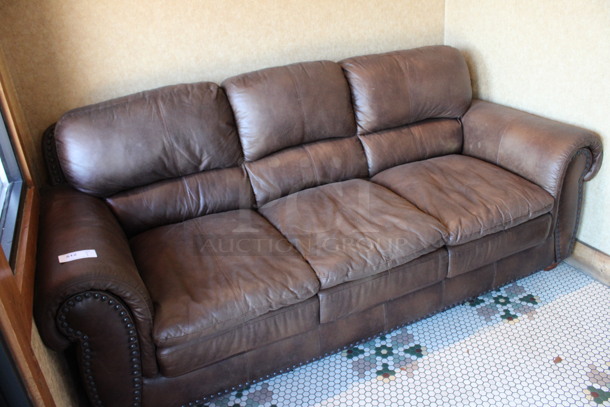 Brown 3 Person Couch w/ Nailhead Trim. 84x39x38. (vestibule) - Image 5 of 5