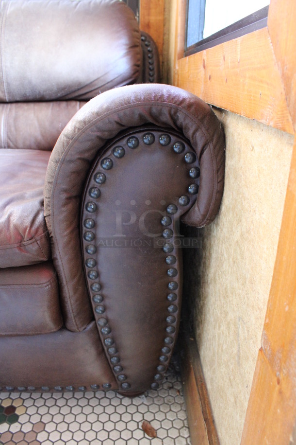Brown 3 Person Couch w/ Nailhead Trim. 84x39x38. (vestibule) - Image 4 of 6
