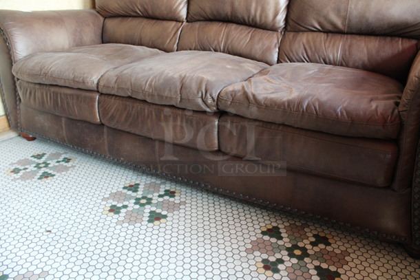 Brown 3 Person Couch w/ Nailhead Trim. 84x39x38. (vestibule) - Image 5 of 6