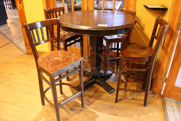 ALL ONE MONEY! Lot of Round Bar Height Table and 4 Wooden Bar Height Chairs. 42x42x43, 17x18x44. (billiards room)