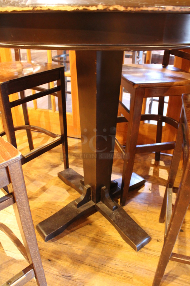 ALL ONE MONEY! Lot of Round Bar Height Table and 4 Wooden Bar Height Chairs. 42x42x43, 17x18x44. (billiards room) - Image 5 of 5