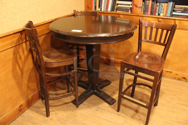 ALL ONE MONEY! Lot of Round Bar Height Table and 3 Wooden Bar Height Chairs. 42x42x43, 17x18x44. (billiards room)