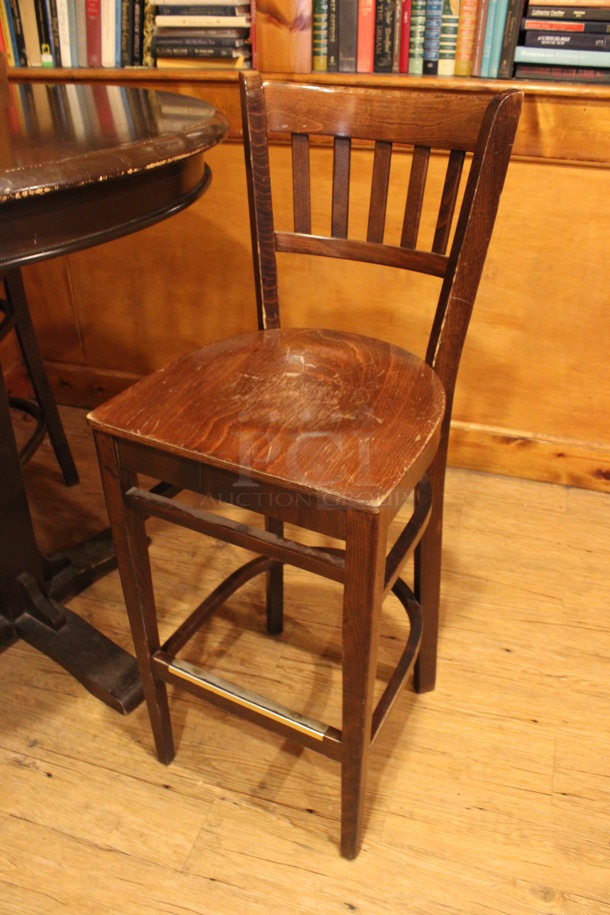 ALL ONE MONEY! Lot of Round Bar Height Table and 3 Wooden Bar Height Chairs. 42x42x43, 17x18x44. (billiards room) - Image 2 of 4