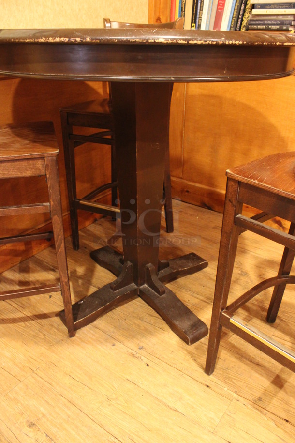 ALL ONE MONEY! Lot of Round Bar Height Table and 3 Wooden Bar Height Chairs. 42x42x43, 17x18x44. (billiards room) - Image 3 of 4
