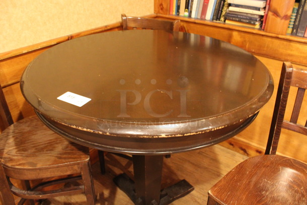 ALL ONE MONEY! Lot of Round Bar Height Table and 3 Wooden Bar Height Chairs. 42x42x43, 17x18x44. (billiards room) - Image 4 of 4