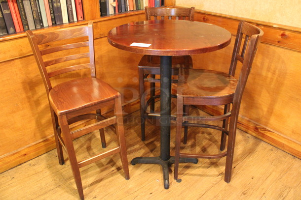ALL ONE MONEY! Lot of Round Bar Height Table and 3 Wooden Bar Height Chairs. 30x30x43, 17x18x44. (billiards room)