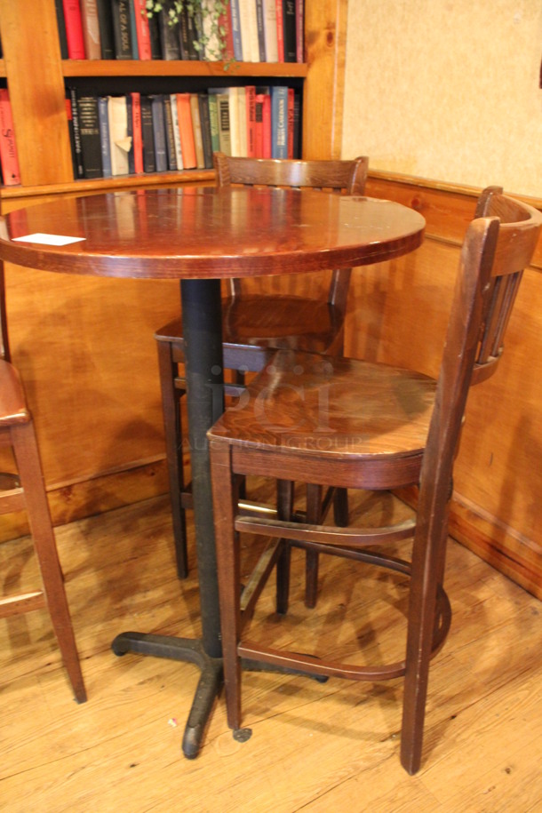 ALL ONE MONEY! Lot of Round Bar Height Table and 3 Wooden Bar Height Chairs. 30x30x43, 17x18x44. (billiards room) - Image 3 of 5
