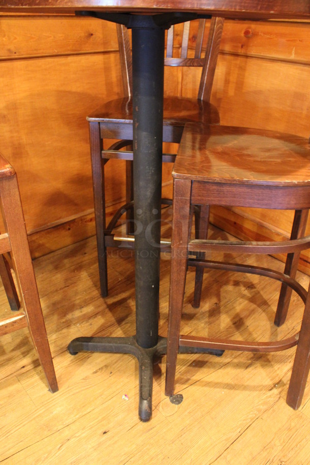 ALL ONE MONEY! Lot of Round Bar Height Table and 3 Wooden Bar Height Chairs. 30x30x43, 17x18x44. (billiards room) - Image 4 of 5