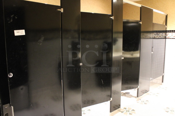 Black Metal Bathroom Stall Walls. Does Not Include Grab Bars. BUYER MUST REMOVE. 168x1.5x82.5. (womens restroom)