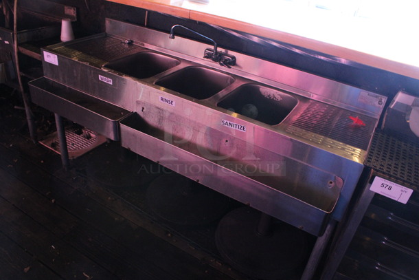 Stainless Steel Commercial 3 Bay Sink w/ Dual Drainboards, 2 Speedwells, Faucet and Handles. BUYER MUST REMOVE. 60x23x33. Bays 10x14x9. Drainboards 12x16x1. (bar on patio) - Image 2 of 5