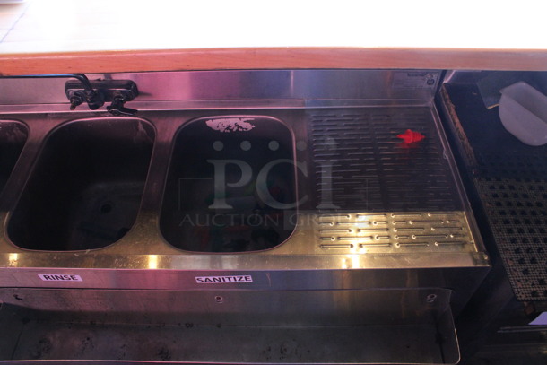 Stainless Steel Commercial 3 Bay Sink w/ Dual Drainboards, 2 Speedwells, Faucet and Handles. BUYER MUST REMOVE. 60x23x33. Bays 10x14x9. Drainboards 12x16x1. (bar on patio) - Image 3 of 5