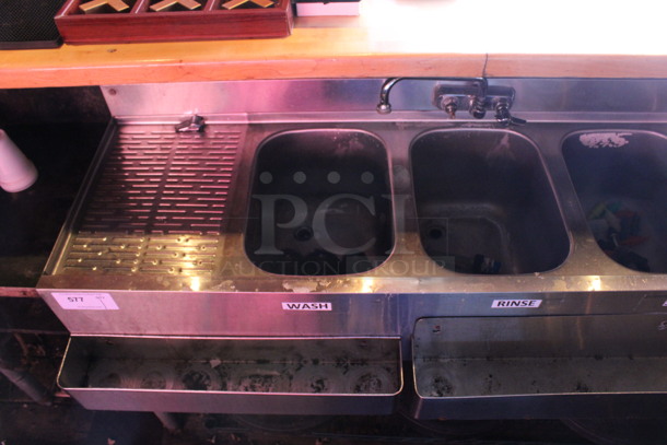 Stainless Steel Commercial 3 Bay Sink w/ Dual Drainboards, 2 Speedwells, Faucet and Handles. BUYER MUST REMOVE. 60x23x33. Bays 10x14x9. Drainboards 12x16x1. (bar on patio) - Image 4 of 5