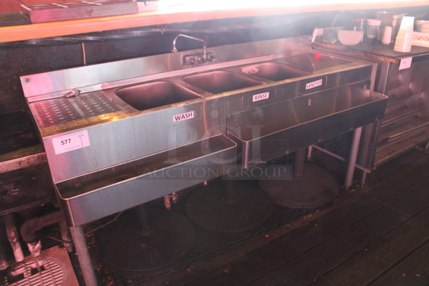 Stainless Steel Commercial 3 Bay Sink w/ Dual Drainboards, 2 Speedwells, Faucet and Handles. BUYER MUST REMOVE. 60x23x33. Bays 10x14x9. Drainboards 12x16x1. (bar on patio) - Image 5 of 5