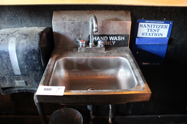 Stainless Steel Commercial Wall Mount Single Bay Sink w/ Faucet and Handles. BUYER MUST REMOVE. 17x17x18. (bar on patio)