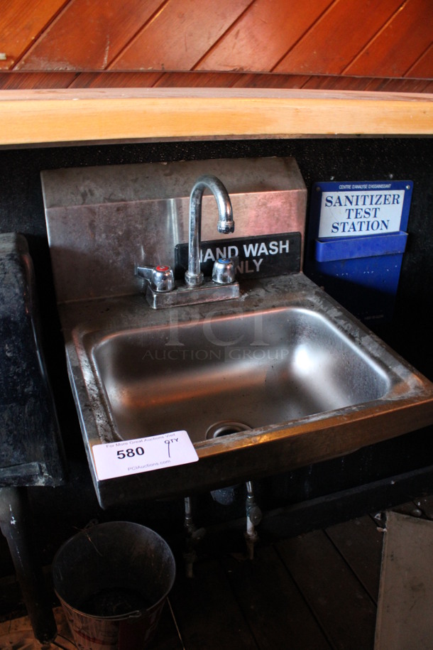 Stainless Steel Commercial Wall Mount Single Bay Sink w/ Faucet and Handles. BUYER MUST REMOVE. 17x17x18. (bar on patio) - Image 2 of 4