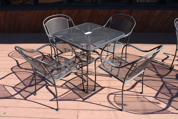 ALL ONE MONEY! Set of Black Mesh Patio Table and 4 Black Mesh Patio Chairs. 30x30x29, 23x22x34. (patio)