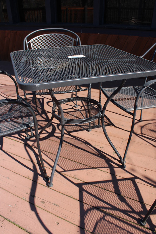 ALL ONE MONEY! Set of Black Mesh Patio Table and 4 Black Mesh Patio Chairs. 30x30x29, 23x22x34. (patio) - Image 4 of 4
