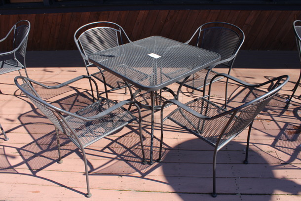 ALL ONE MONEY! Set of Black Mesh Patio Table and 4 Black Mesh Patio Chairs. 30x30x29, 23x22x34. (patio)
