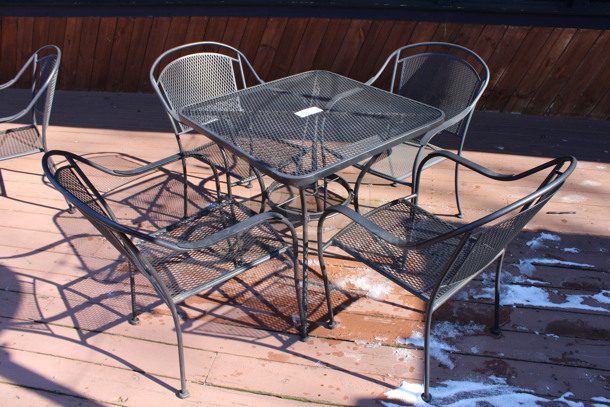 ALL ONE MONEY! Set of Black Mesh Patio Table and 4 Black Mesh Patio Chairs. 30x30x29, 23x22x34. (patio)