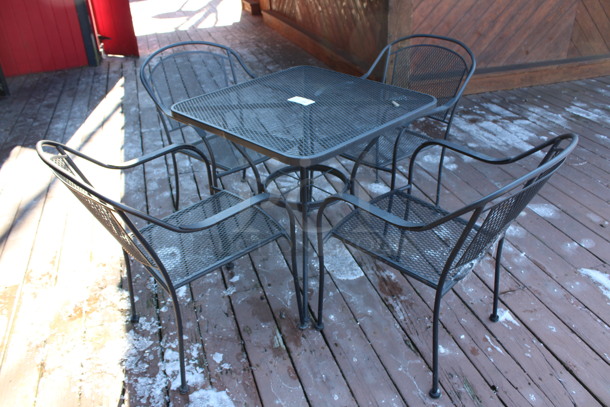 ALL ONE MONEY! Set of Black Mesh Patio Table and 4 Black Mesh Patio Chairs. 30x30x29, 23x22x34. (patio)