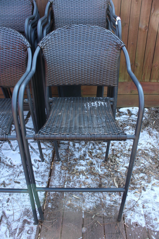 4 Dark Brown Wicker Style Bar Height Chairs w/ Arm Rests. Stock Picture - Cosmetic Condition May Vary. 22x18x45. 4 Times Your Bid! (patio) - Image 2 of 5