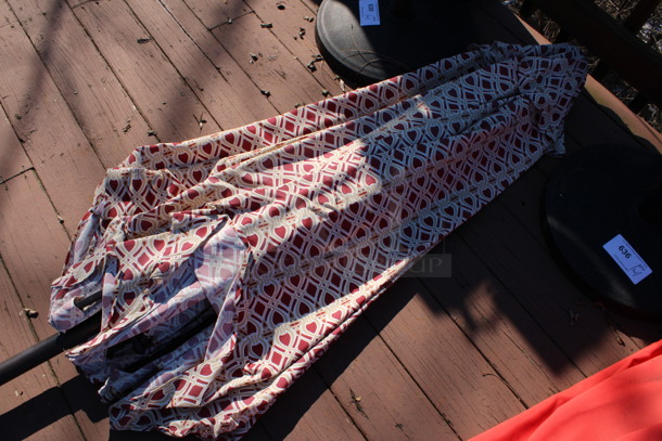Red and White Patio Umbrella and Metal Umbrella Base. 90", 17x17x2. (patio) - Image 2 of 3
