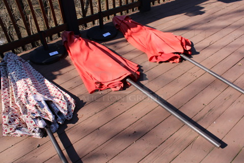 Red Patio Umbrella and Metal Umbrella Base. 90", 17x17x2. (patio)