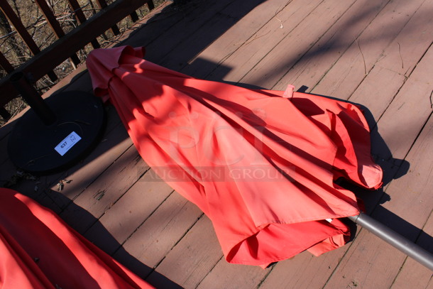 Red Patio Umbrella and Metal Umbrella Base. 90", 17x17x2. (patio) - Image 2 of 4