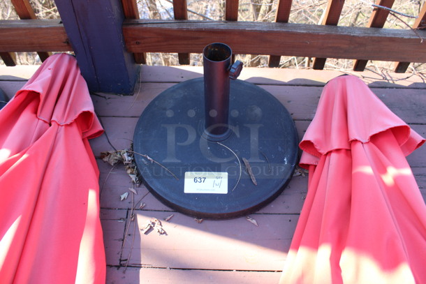 Red Patio Umbrella and Metal Umbrella Base. 90", 17x17x2. (patio) - Image 3 of 4