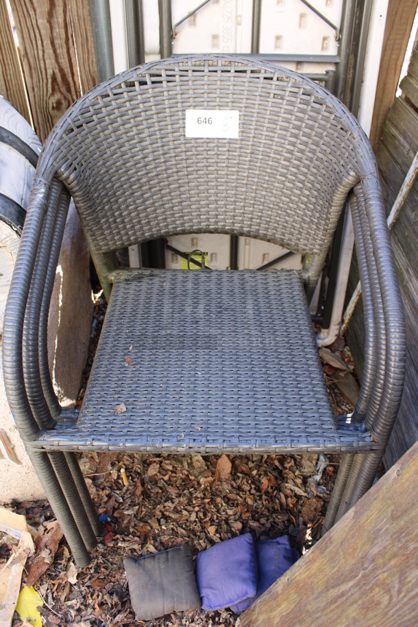 3 Wicker Style Chairs w/ Arm Rests. 22x19x32. 3 Times Your Bid! (outside behind kitchen)