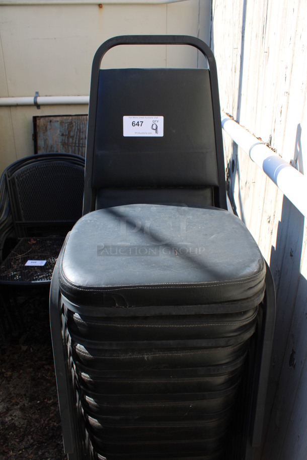 9 Black Stackable Banquet Chairs. 18x20x34. 9 Times Your Bid! (outside behind kitchen)