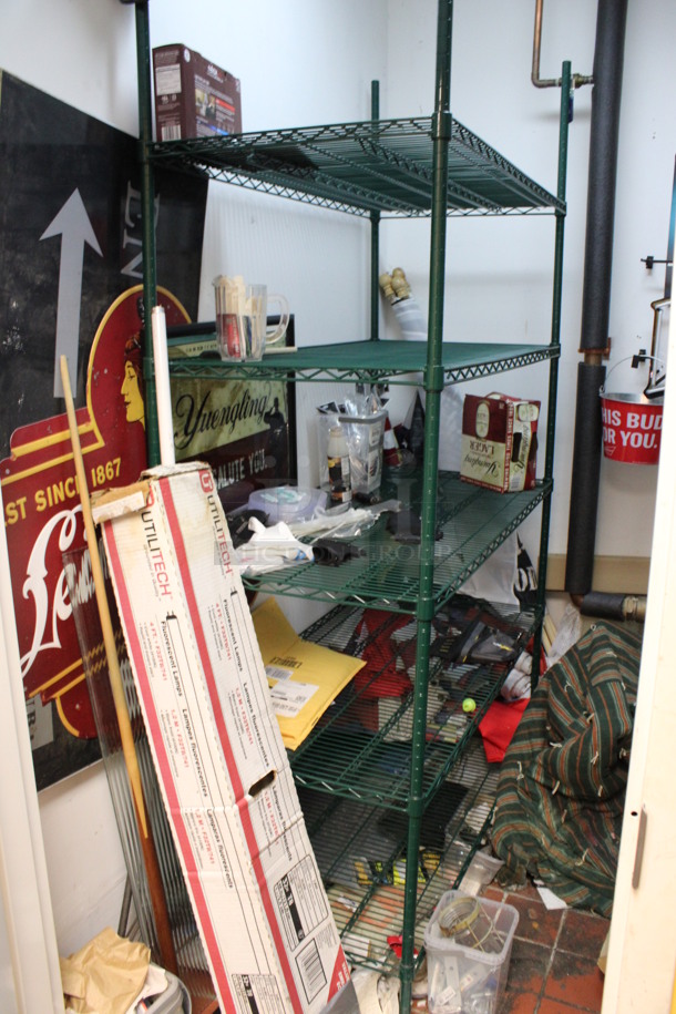 Green Finish 5 Tier Shelving Unit. Does Not Come w/ Contents. BUYER MUST DISMANTLE. PCI CANNOT DISMANTLE FOR SHIPPING. PLEASE CONSIDER FREIGHT CHARGES. 48x24x87. (office closet) - Image 1 of 3