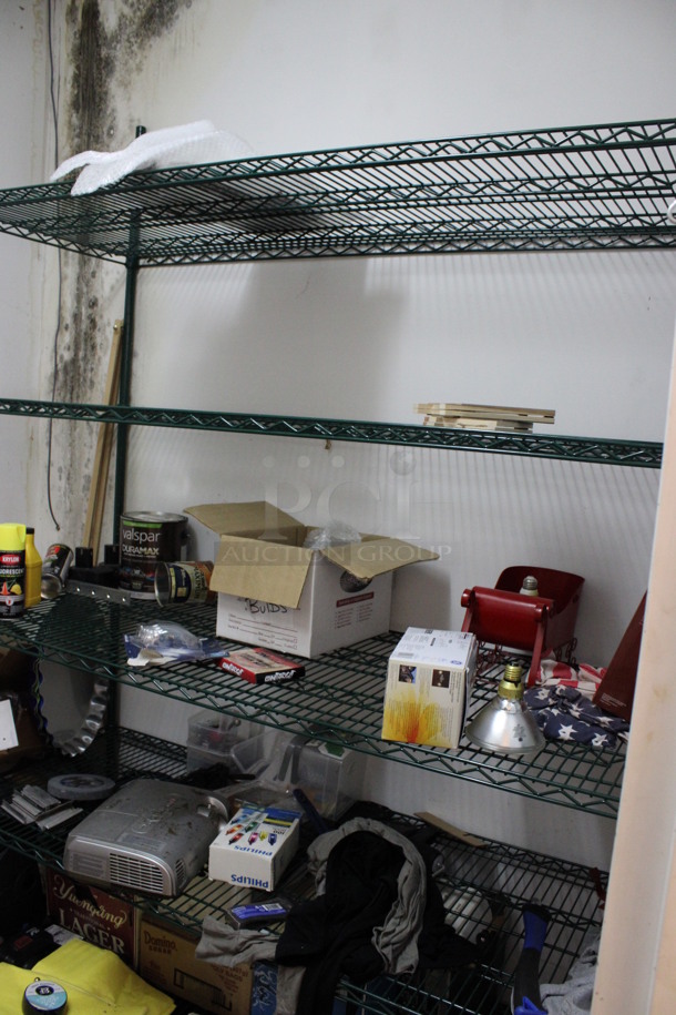 Green Finish 4 Tier Shelving Unit. Does Not Come w/ Contents. BUYER MUST DISMANTLE. PCI CANNOT DISMANTLE FOR SHIPPING. PLEASE CONSIDER FREIGHT CHARGES. 48x24x87. (office closet) - Image 1 of 3