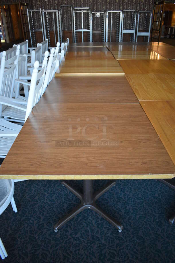 6 Wood Pattern Tables on Metal Table Bases. 36x36x30. 6 Times Your Bid! (sunroom dining room)