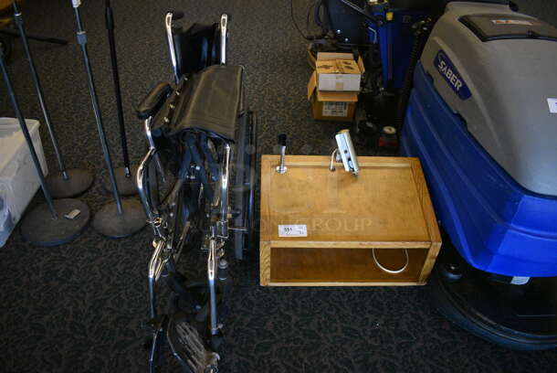 ALL ONE MONEY! Lot of 2 Items; Wheelchair and Wooden Podium. 26x15.5x13, 25x44x36. Unit Was In Working Condition When Restaurant Closed. (ballroom) - Image 1 of 7