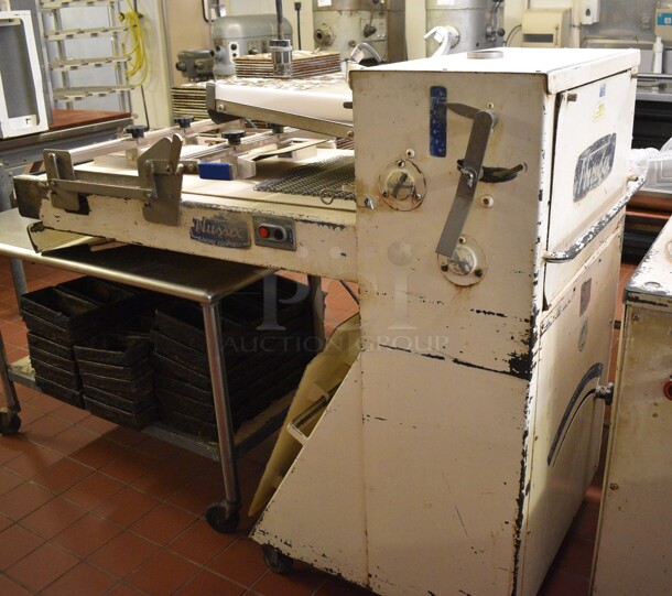 Nussex Model NB-90-2-546 Metal Commercial Floor Style Dough Sheeter on Commercial Casters. 110 Volts, 1 Phase. 60x33x52. Unit Was In Working Condition When Restaurant Closed. (bakery kitchen)
