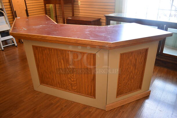Wooden Curved Counter. BUYER MUST REMOVE. 112x25.5x37. (garden center)