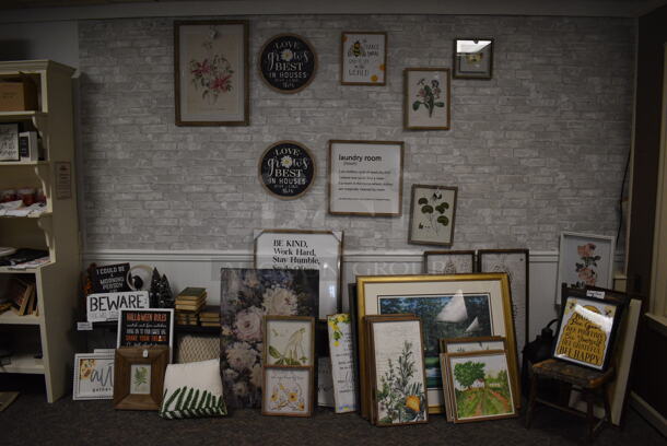 ALL ONE MONEY! Lot of Various Pictures and Black Wooden Bench! Includes Motivational Quotes, Landscapes. BUYER MUST REMOVE. (garden center) - Image 1 of 8