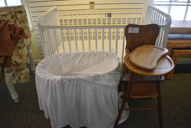 ALL ONE MONEY! Lot of White Crib, Bassinet and Wooden High Chair. Includes 32x19x27. (yellow clothing store)
