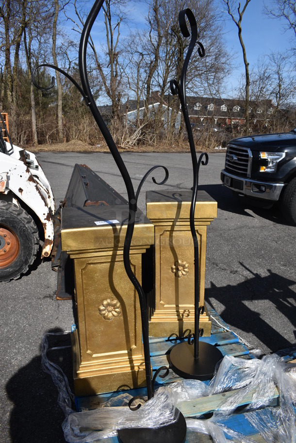 ALL ONE MONEY! Pallet Lot of Various Items Including 2 Metal Racks and 2 Gold Finish Columns. Includes 16x1634, 14x14x73. (warehouse) - Image 1 of 3