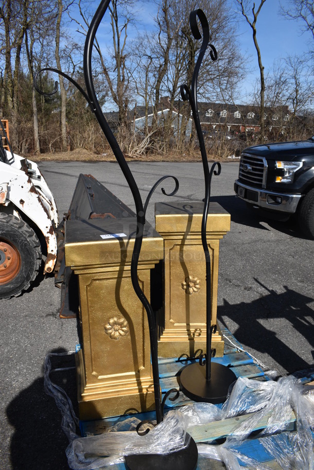 ALL ONE MONEY! Pallet Lot of Various Items Including 2 Metal Racks and 2 Gold Finish Columns. Includes 16x1634, 14x14x73. (warehouse)