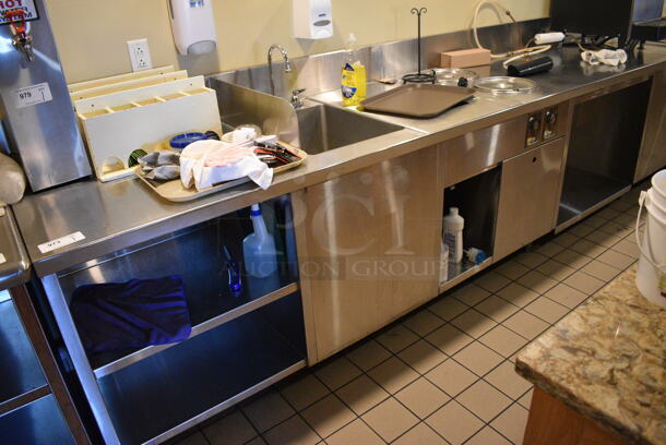 Stainless Steel Commercial Work Station. Does Not Come w/ Contents. BUYER MUST REMOVE. 168x31x43. (employee breakroom)