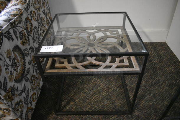 BRAND NEW! Black Metal End Table w/ Glass Tabletop. 20x20x20. (garden center)