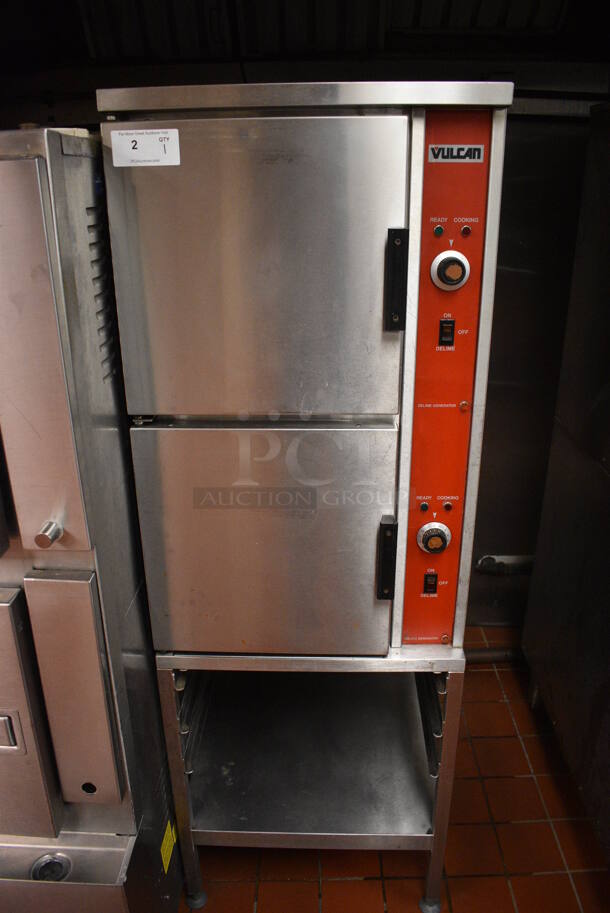 Vulcan Stainless Steel Commercial Floor Style Electric Powered Double Deck Steam Cabinet. 208-240 Volts, 3 Phase. 24x28x69.5. Unit Was In Working Condition When Restaurant Closed. (kitchen)