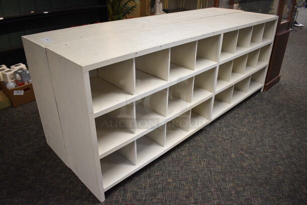 2 White Wooden 21 Cubby Cabinets. 93x16.5x36. 2 Times Your Bid! (garden center)