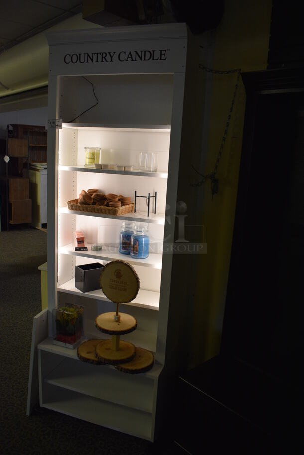 White Wooden Shelving Unit w/ Contents Including Candles. 28x16x83. (yellow clothing store) - Image 2 of 4