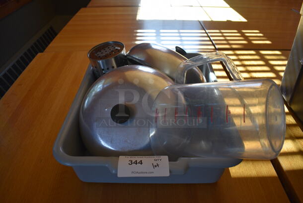 ALL ONE MONEY! Lot of Various Items Including Poly Pitcher and Metal Lids in Gray Poly Bus Bin! 21x17x5. (back dining room) - Image 1 of 3