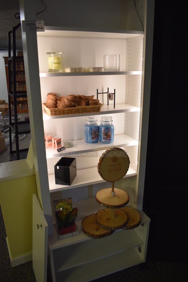 White Wooden Shelving Unit w/ Contents Including Candles. 28x16x83. (yellow clothing store) - Image 3 of 4