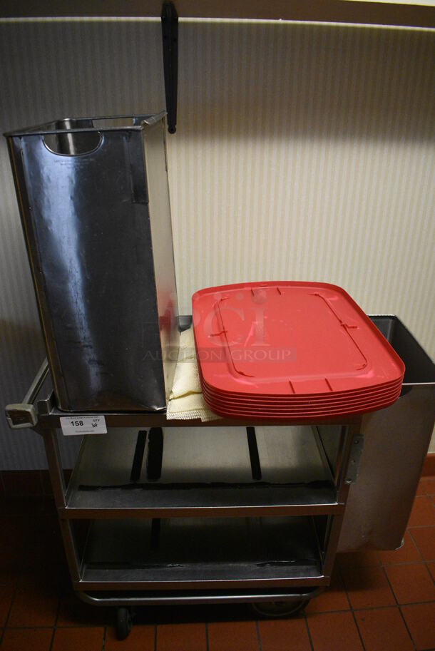 ALL ONE MONEY! Lot of Stainless Steel 3 Tier Cart w/ 2 Trash Cans and Red Poly Lids on Commercial Casters. 42x19x34.5. (kitchen hallway)