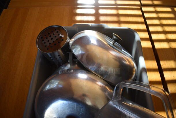 ALL ONE MONEY! Lot of Various Items Including Poly Pitcher and Metal Lids in Gray Poly Bus Bin! 21x17x5. (back dining room) - Image 3 of 3